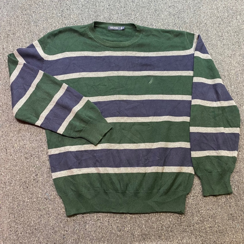 Nautica Striped Crewneck Sweater XXL Mens Green Navy Preppy Coastal Knit Sweater